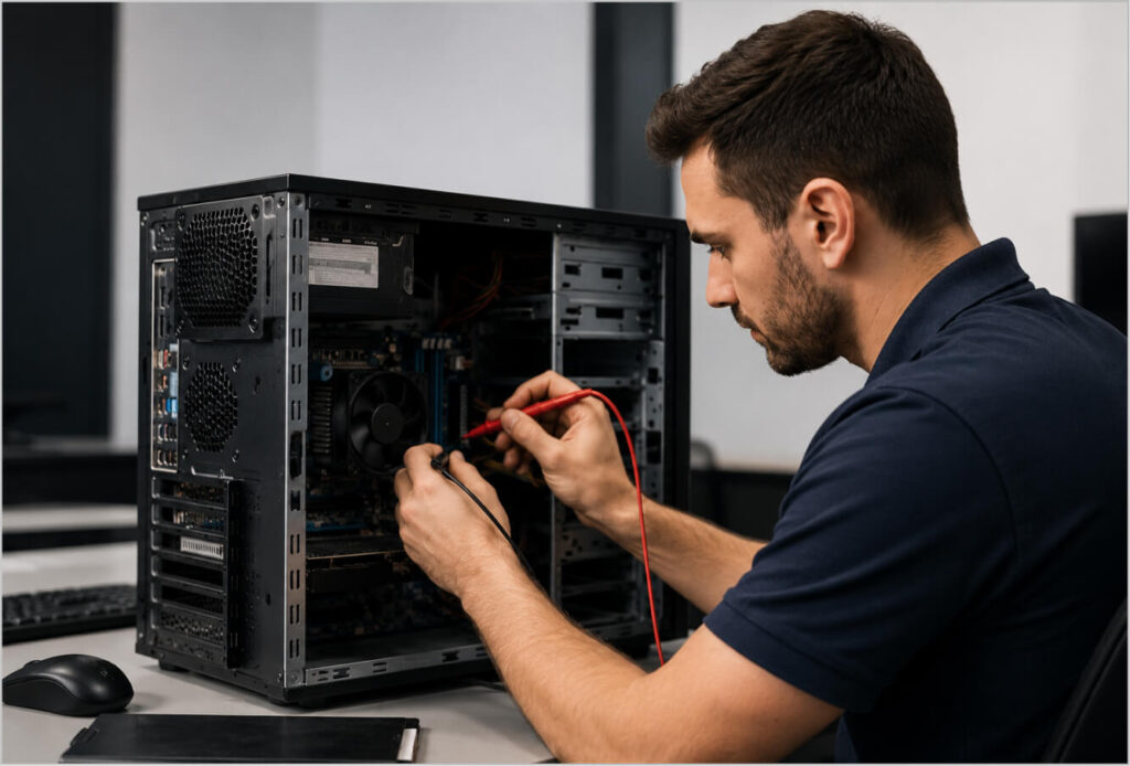 IT technician performing server maintenance and network diagnostics for a managed IT services provider in Nebraska.